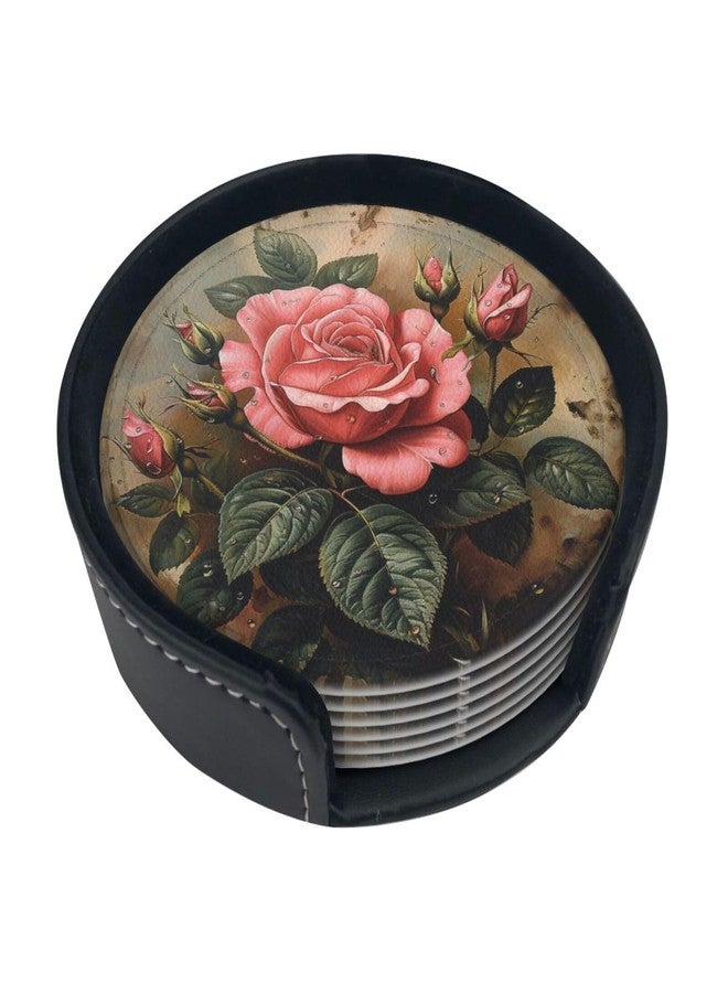 KKRMTUG Rose Coasters for Drinks with Holder Leather Coasters Set of 6 Flower Pattern Drink Coasters Sets for Living Room Kitchen Coffee Bar Table Decor - Image 1